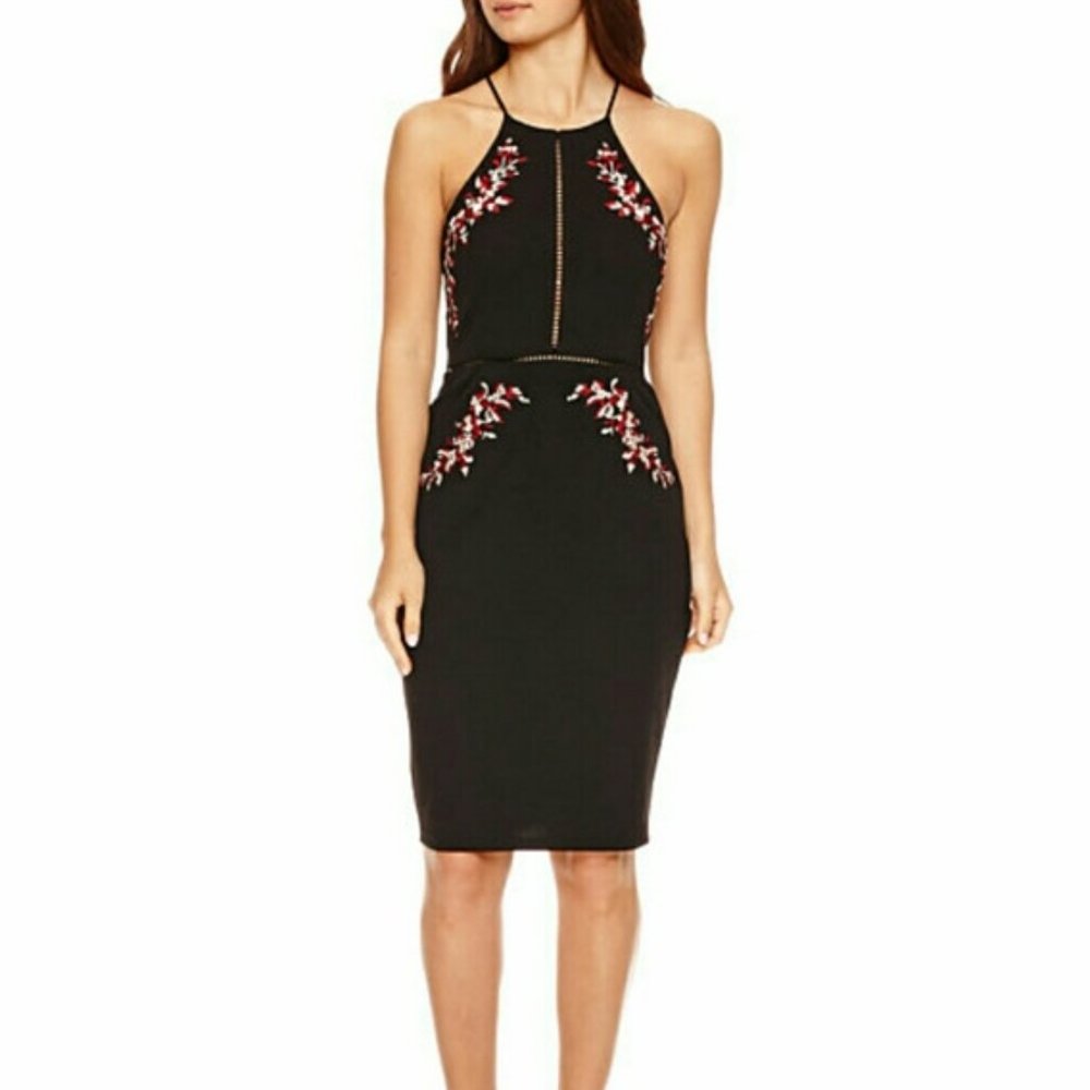 Bisou Bisou Black Floral Embroidered Sheath Dress Size 8 Cocktail Party